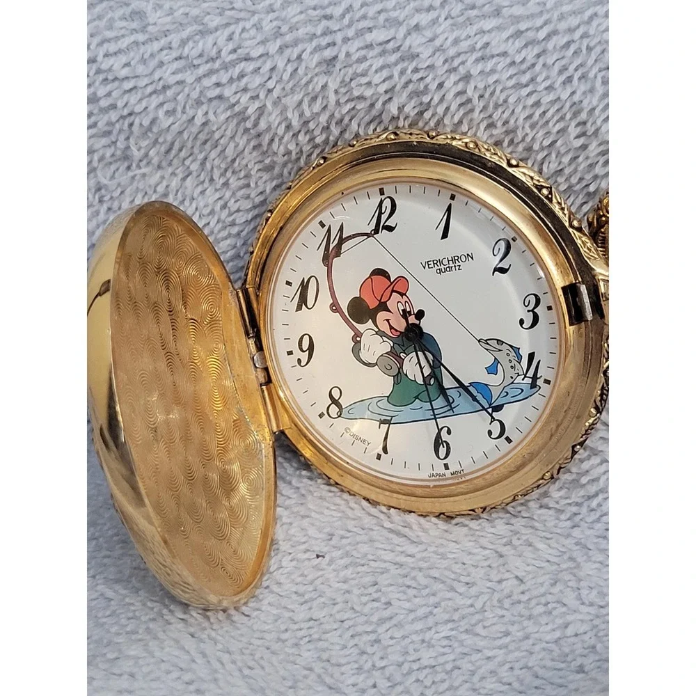 Disney Mickey Mouse 'Gone Fishing' Pocket Watch by Verichron Goldtone Vintage